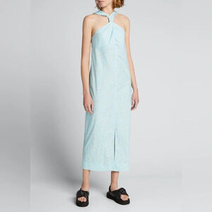 Ganni Blue‎ Floral Printed Cotton Poplin Sleeveless Twist-Front Midi Dress